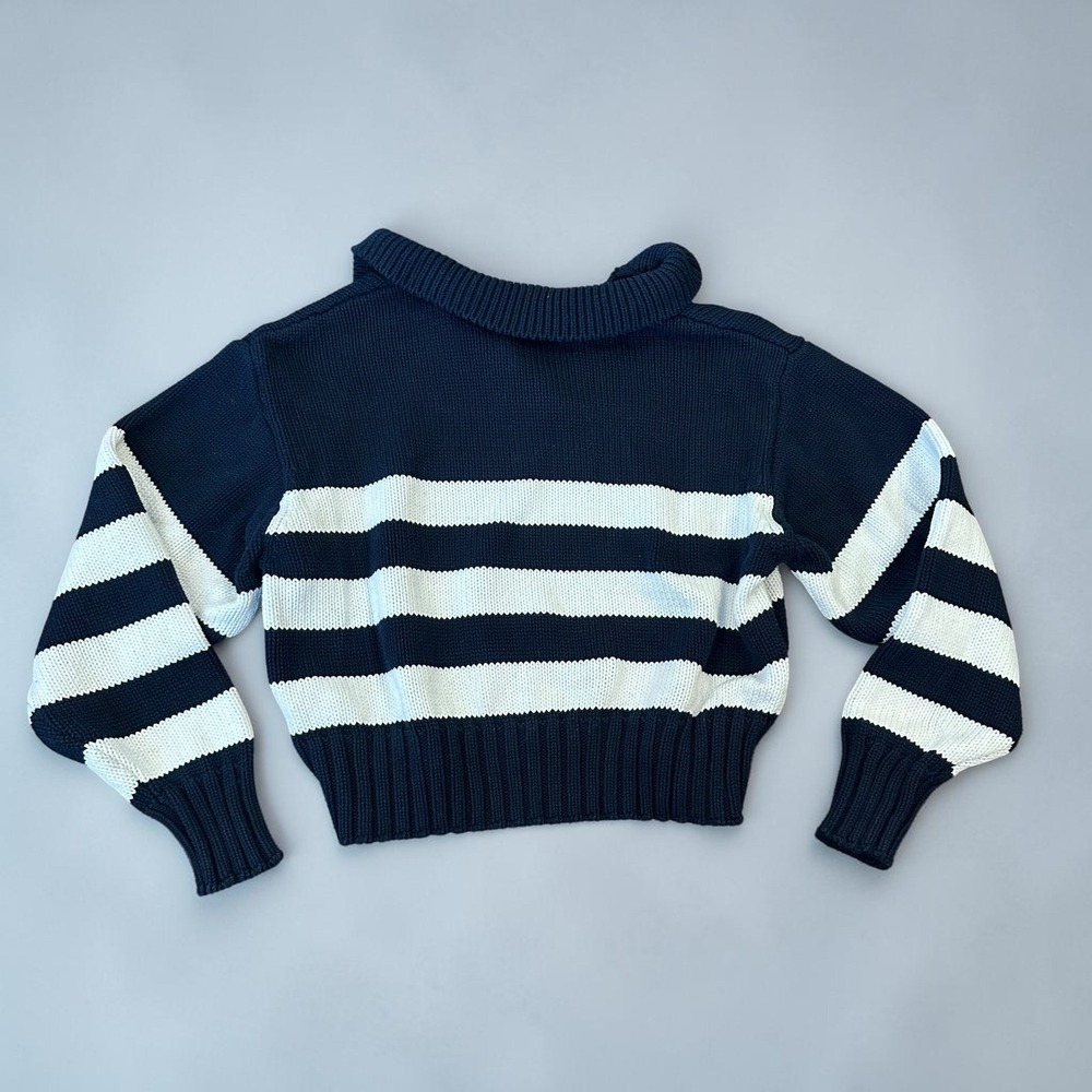 Quince Organic Cotton Knit Cropped Polo Sweater Navy White Stripe Size Medium - Picture 3 of 6